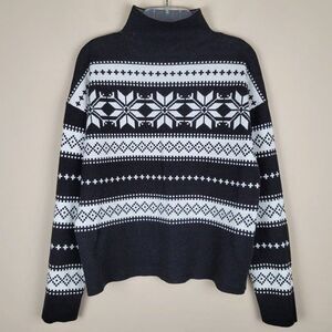 Nicole Miller Size M Fair Isle High Neck Sweater Black White